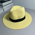 Detailed view of yellow Panama straw hat with black ribbon for beach sun protection - One Size Adjustable / Ribbon Style (Detachable Ribbon) / Goose Yellow