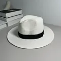 Detail view of white Panama straw hat with black ribbon for sun protection - One Size Adjustable / Ribbon Style (Detachable) / White