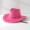 Close-up detail view of a pink western cowboy hat with decorative black stitching and brim - One Size 58cm / Rose Red