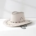 Detailed view of a beige western cowboy hat with black decorative lacing on the brim - One Size 58cm / Beige