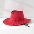 Detail view showing a red western cowboy hat with black stitched edges and chin strap - One Size 58cm / Red