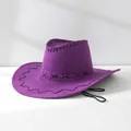 Detailed view of a purple cowboy hat with black decorative stitching and eyelets - One Size 58cm / Purple