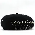 Elegant black wool beret adorned with delicate white pearls and sparkling rhinestones. - M (56-58cm) / Black