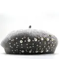 Elegant grey wool beret decorated with white pearls and sparkling rhinestones for winter - M (56-58cm) / Gray