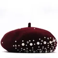 Elegant wine red wool beret decorated with various size pearls and shiny rhinestones - M (56-58cm) / Burgundy