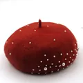Elegant dark red wool beret decorated with scattered white pearls and rhinestones. - M (56-58cm) / Caramel color