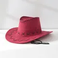 Close-up of a red suede western cowboy hat with black decorative stitching and chin strap. - One Size 58cm / Burgundy