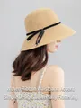 Large brim khaki straw hat with black ribbon for UV protection and summer beach style - Simple Single Band Bowknot