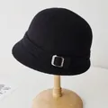 Elegant black wool felt cloche hat for women featuring a sparkling rhinestone buckle. - Adjustable / Black