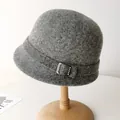 Elegant gray wool cloche hat for women featuring a vintage design with a decorative buckle - Adjustable / Gray