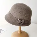 Elegant brown wool cloche hat for women with a vintage decorative buckle, perfect for autumn - Adjustable / Khaki