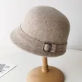 Elegant vintage wool felt cloche bucket hat in beige with rhinestone buckle detail - Adjustable / Beige