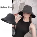 Elegant black rollable brim sun hat for women, foldable straw fisherman hat for summer - Adjustable (56-58cm) / Black