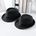 Stylish black parent-child straw fedora hats set for summer outdoor sun protection - Black