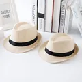 Pair of beige straw jazz hats with black bands for parent and child - Beige