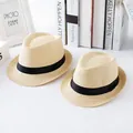Set of two beige straw trilby hats with black ribbon for parent and child - Beige Yellow
