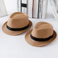 Sommerliche Eltern-Kind Strohhüte im Fedora-Stil mit schwarzem Band für Sonnenschutz - Kinder 50-54cm Einheitsgröße / Khaki