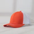 Detail view of an orange and white mesh trucker cap with breathable summer design. - Adjustable (56-58cm) / Orange with White Mesh