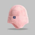 Detailed view of pink knitted beanie with soft ear protection and snowflake tag - Elastic Circumference (56-59cm) / Pink