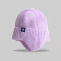 Close-up of a purple knitted winter beanie with ear protection and snowflake tag - Elastic Circumference (56-59cm) / Light Purple