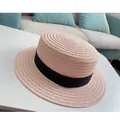 Chapeau de paille élégant avec ruban noir pour femme, style doux pour l'été. - M (56-58cm) / Rose