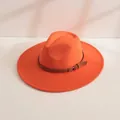 Chapeau fedora élégant chic en feutre de laine orange à large bord avec bande marron - M (56-58cm) / Orange