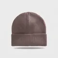 Close-up of professional ribbed knit texture on a taupe winter beanie hat with fold-over cuff - Elastic Circumference (56-60cm) / Mocha