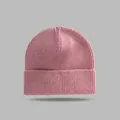 Close-up shot of a cozy pink knitted beanie hat with a classic cuffed design for winter - Elastic Circumference (56-60cm) / Leather Pink