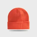 Close-up of bright orange knitted beanie with ribbed texture and folded brim cuff - Elastic Circumference (56-60cm) / Orange