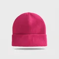 Close-up of bright pink knitted beanie showing soft ribbed texture and cuffed design. - Elastic Circumference (56-60cm) / Rose Red