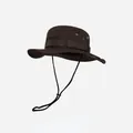 Vue détaillée d'un chapeau de soleil extérieur marron foncé à larges bords avec cordon - Taille unique / Café