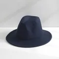 Detailed view of a navy blue wool felt fedora hat featuring a classic indented crown design. - Adjustable (55-57.5cm) / British Jazz Style (2701080JL135) / Navy Blue