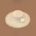 French vintage raffia straw flat-top sun hat with pearl band and white flower detail - M (56-58cm) / Off-white Floral