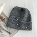 Detail shot of a soft grey fuzzy knit beanie featuring elegant white pearl embellishments - Hat Circumference (53-60cm) Elastic / Dark Gray
