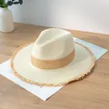 Retro color-block straw fedora hat with unique frayed edges in cream and natural tan - Adjustable (55-58cm) / Cream