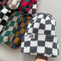 Thick checkerboard knitted beanie hat for women, providing winter warmth and style - Elastic Circumference / Gray Plaid