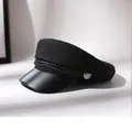 Classic black baker boy hat featuring a faux leather brim and decorative silver button - 53-57cm (Adjustable) / Cotton Thin Style / Black
