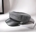 Vintage grey baker boy hat with black faux leather brim and decorative button - 53-57cm (Adjustable) / Cotton Thin Style / Gray