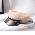 Beige flat-top newsboy hat for women featuring black leather brim and braided band - 53-57cm (Adjustable) / Cotton Thin Style / Beige