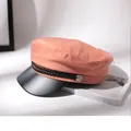 Classic coral pink flat top navy hat for women with black leather brim and braided strap - Pink Orange