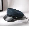 Classic navy blue baker boy hat for women with black leather visor and braided cord detail - Deep Peacock Blue