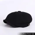 Vintage black woolen newsboy baker boy cap for autumn and winter seasons - M (55-58cm) / Autumn/Winter Woolen Style / Black