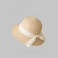 Elegant vintage French style straw sun hat featuring a classic white ribbon bow detail - One Size (55-59cm) Adjustable / Apricot