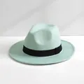 Vista dettagliata dell'elegante cappello fedora in feltro di lana verde menta con fascia - M（56-58cm） / verde rosa