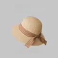 Elegant French vintage straw cloche sun hat featuring a stylish brown ribbon bow detail - One Size (55-59cm) Adjustable / Light Coffee
