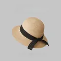 Elegant French retro straw hat for women with a stylish black ribbon bow decoration - One Size (55-59cm) Adjustable / Black