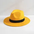 Cappello fedora in lana giallo vibrante con elegante nastro nero e trama in feltro - M（56-58cm） / Giallo