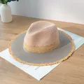 Elegant vintage color-blocked straw sun hat with frayed edges and flat wide brim - Adjustable (55-58cm) / Pink