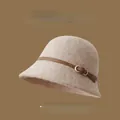 Vintage beige wool bucket hat for women with brown leather buckle band for winter warmth - One Size (Adjustable) / Apricot