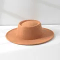 Detailed profile view of a vintage orange-brown wool felt hat with flat-top design - M (56-58cm) Adjustable / Camel